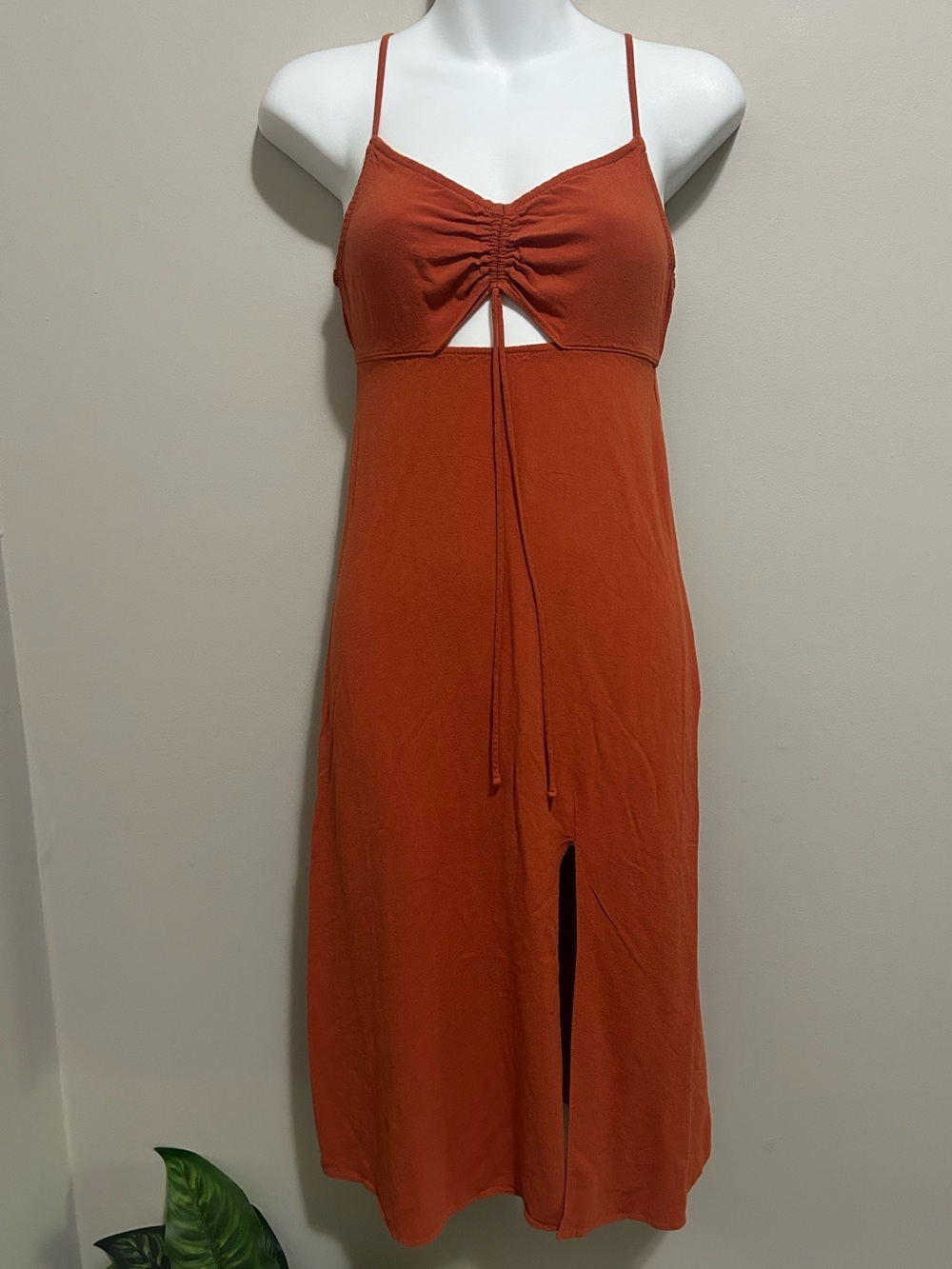 Rust Orange Midi Dress with Front Tie and Keyhole